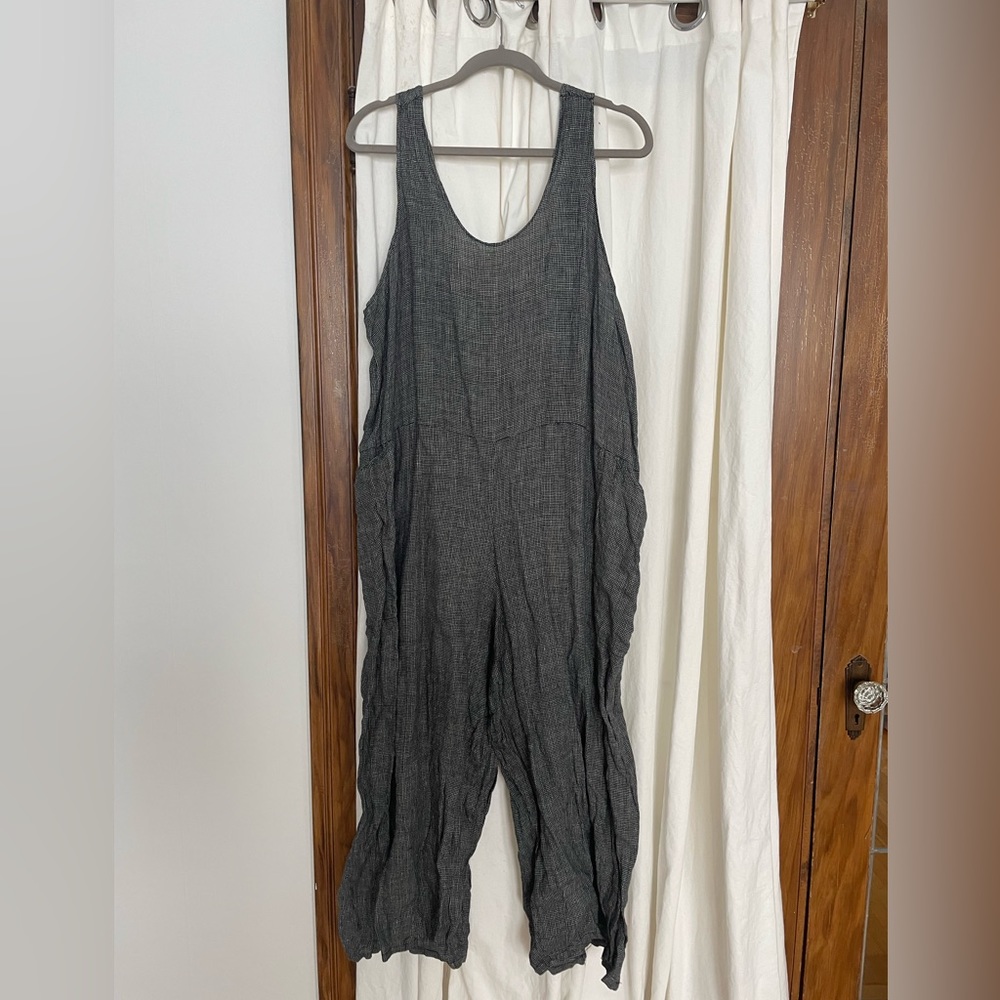 Hoveralls by FLAX Jeanne Engelhart Summer 1998, Black Grid 100% Linen, LARGE